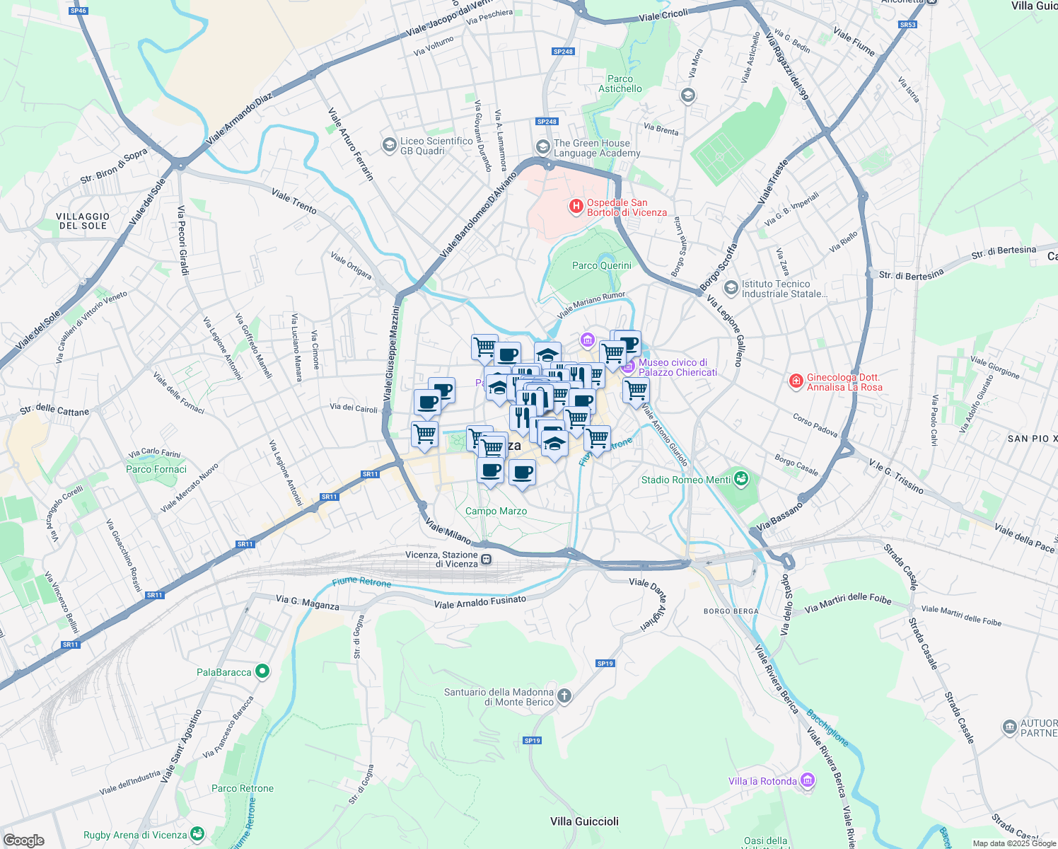 map of restaurants, bars, coffee shops, grocery stores, and more near 17 Galleria del Pozzo Rosso in Vicenza