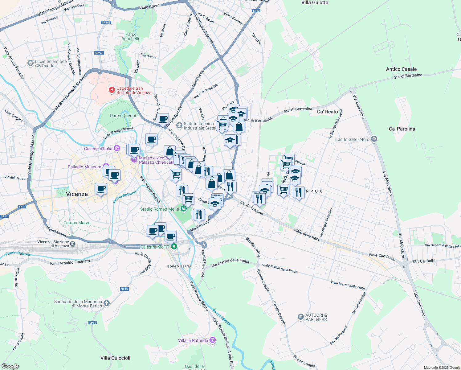 map of restaurants, bars, coffee shops, grocery stores, and more near 127 Via Giovanni Battista Quadri in Vicenza