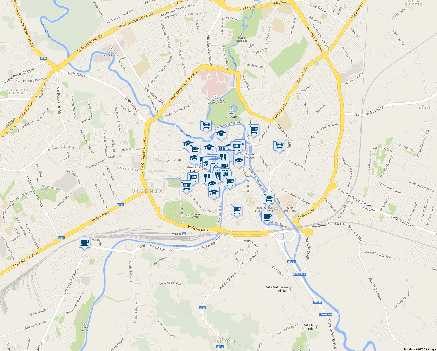 map of restaurants, bars, coffee shops, grocery stores, and more near 12 Contrà Camillo Benso Cavour in Vicenza