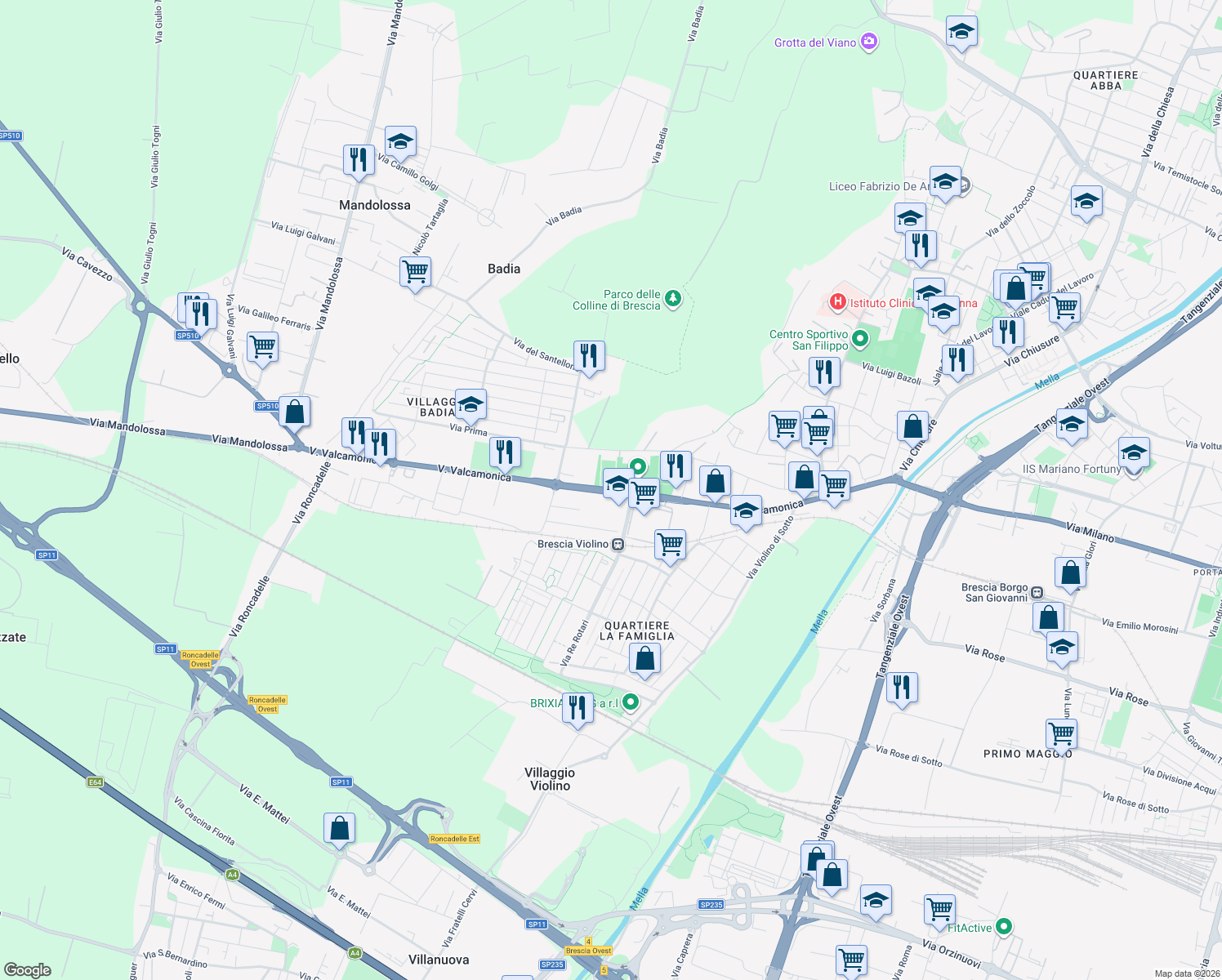 map of restaurants, bars, coffee shops, grocery stores, and more near 19f1 Via Valcamonica in Brescia