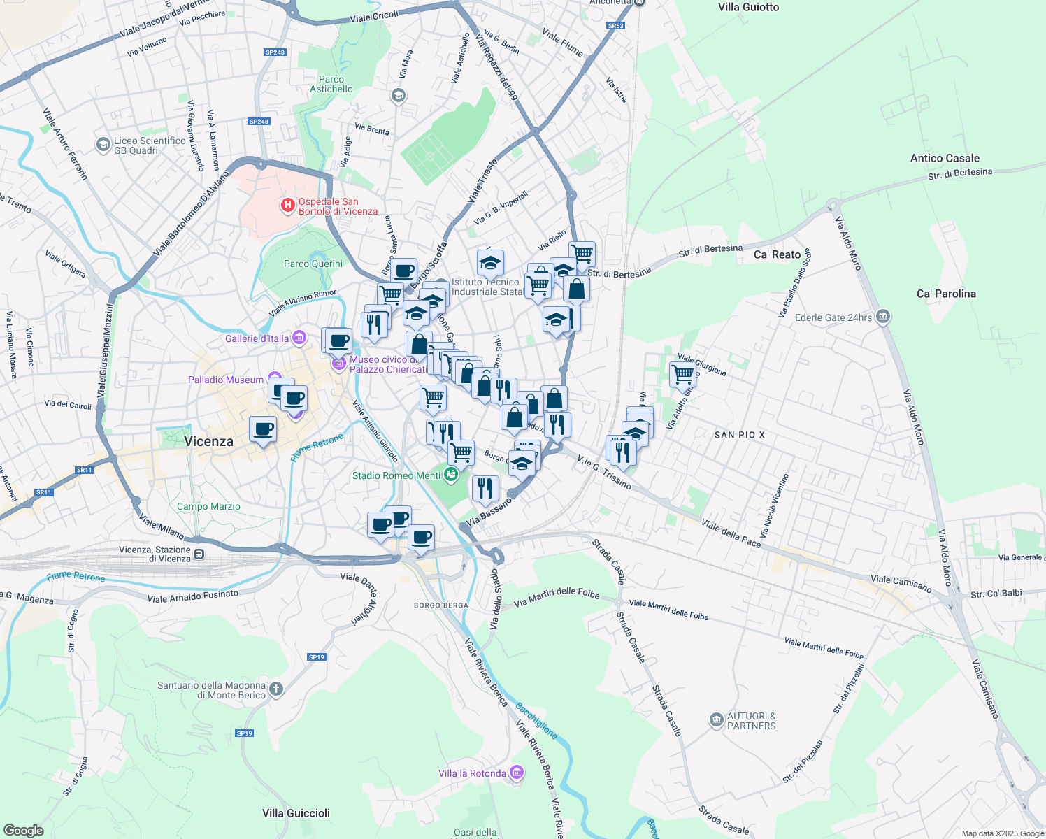 map of restaurants, bars, coffee shops, grocery stores, and more near 138-154 Corso Padova in Vicenza
