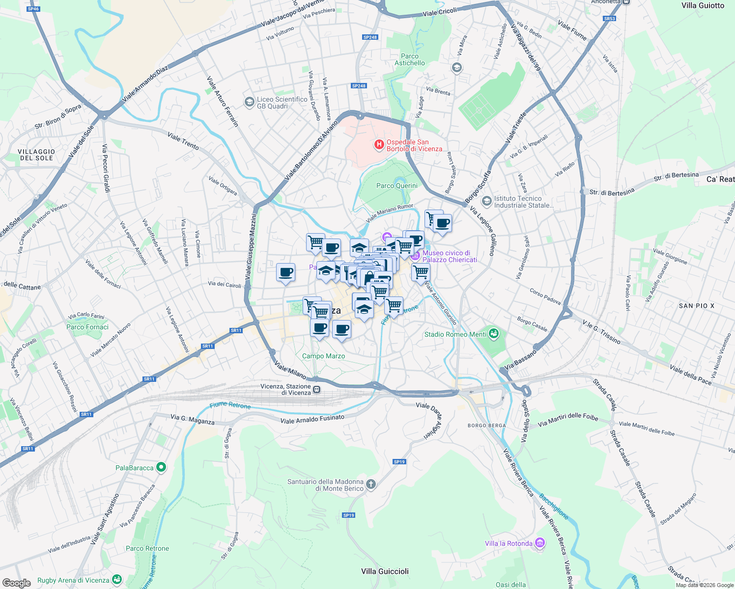 map of restaurants, bars, coffee shops, grocery stores, and more near 12 Contrà Camillo Benso Cavour in Vicenza