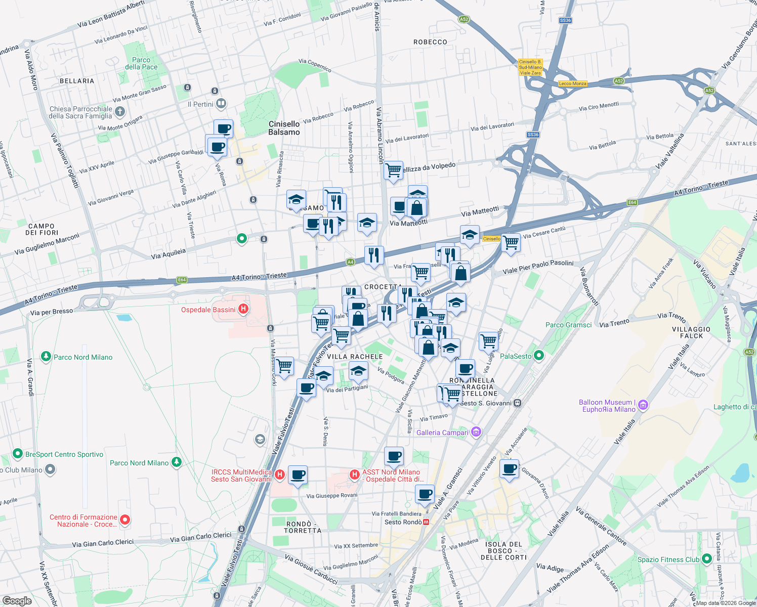 map of restaurants, bars, coffee shops, grocery stores, and more near in Cinisello Balsamo
