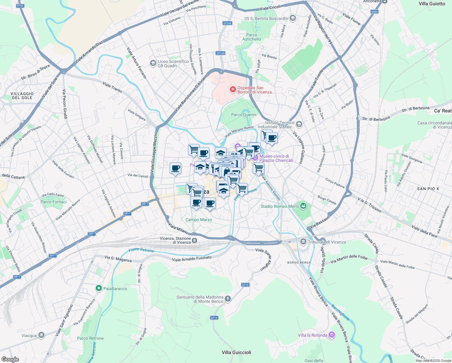 map of restaurants, bars, coffee shops, grocery stores, and more near 12 Contrà Camillo Benso Cavour in Vicenza