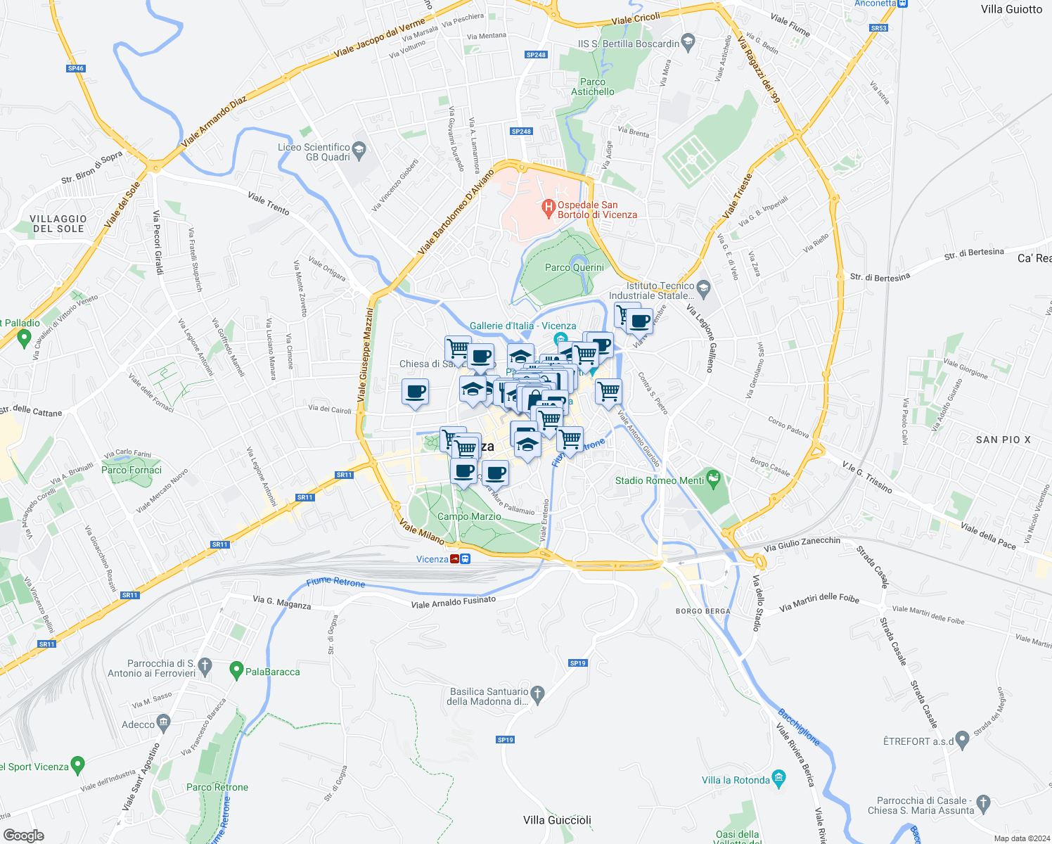 map of restaurants, bars, coffee shops, grocery stores, and more near 12 Contrà Camillo Benso Cavour in Vicenza