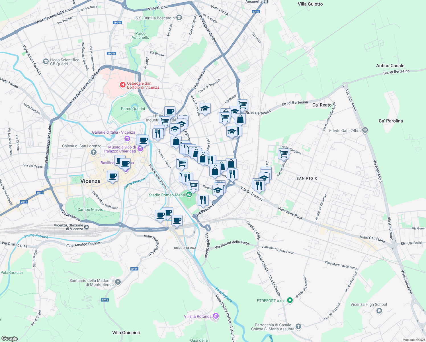 map of restaurants, bars, coffee shops, grocery stores, and more near 154 Corso Padova in Vicenza