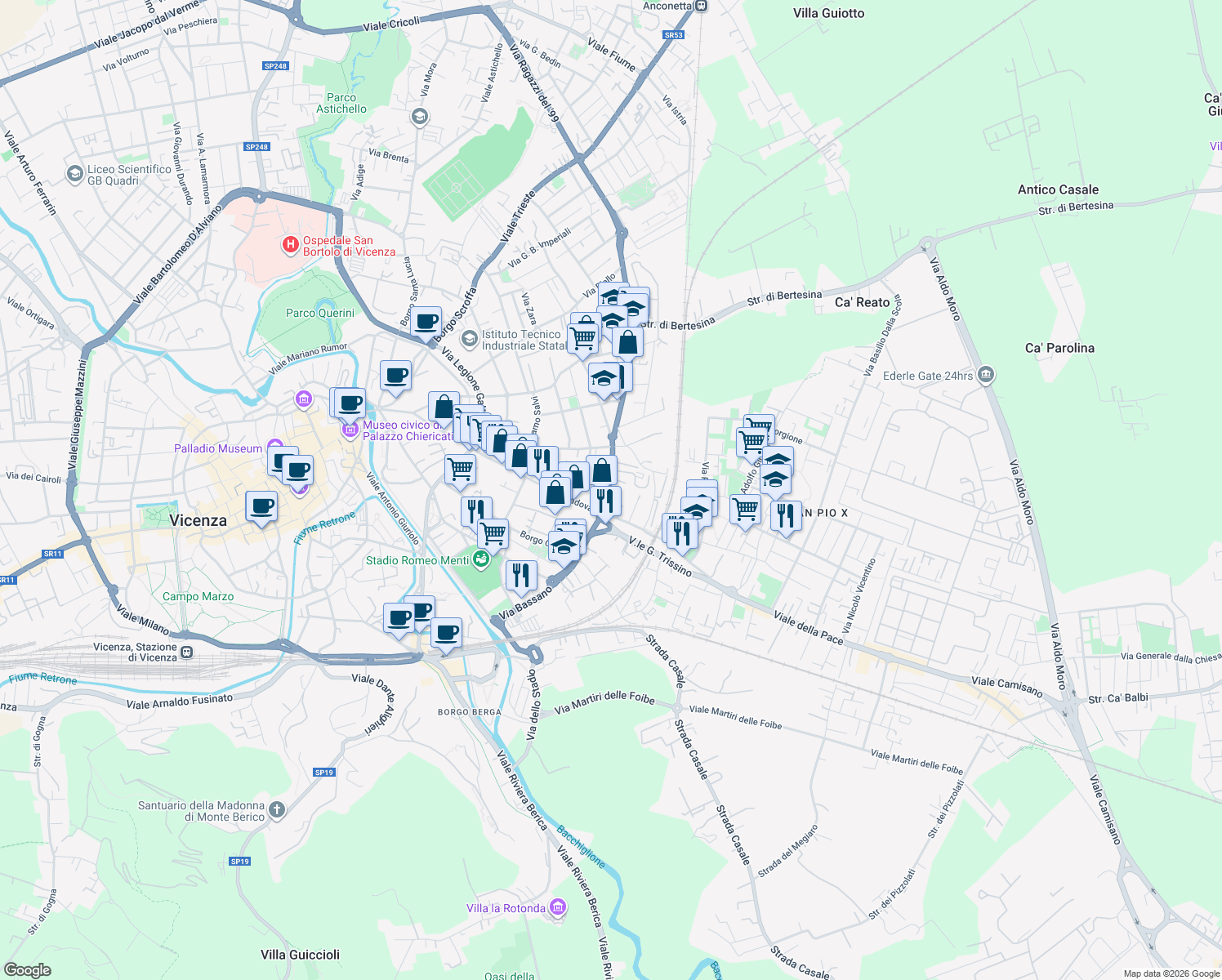 map of restaurants, bars, coffee shops, grocery stores, and more near 127 Via Giovanni Battista Quadri in Vicenza