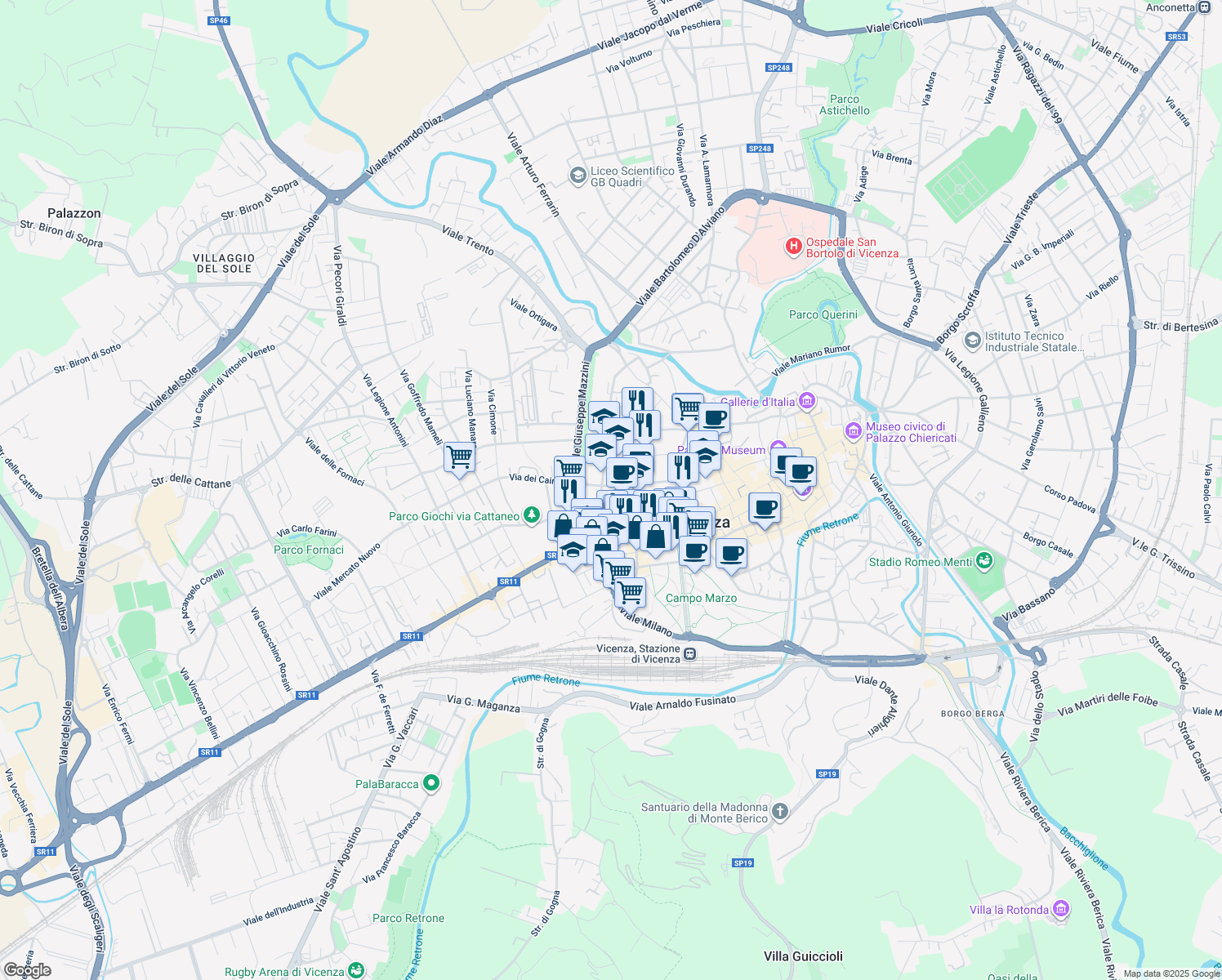 map of restaurants, bars, coffee shops, grocery stores, and more near 17 Via Giampaolo Bonollo in Vicenza