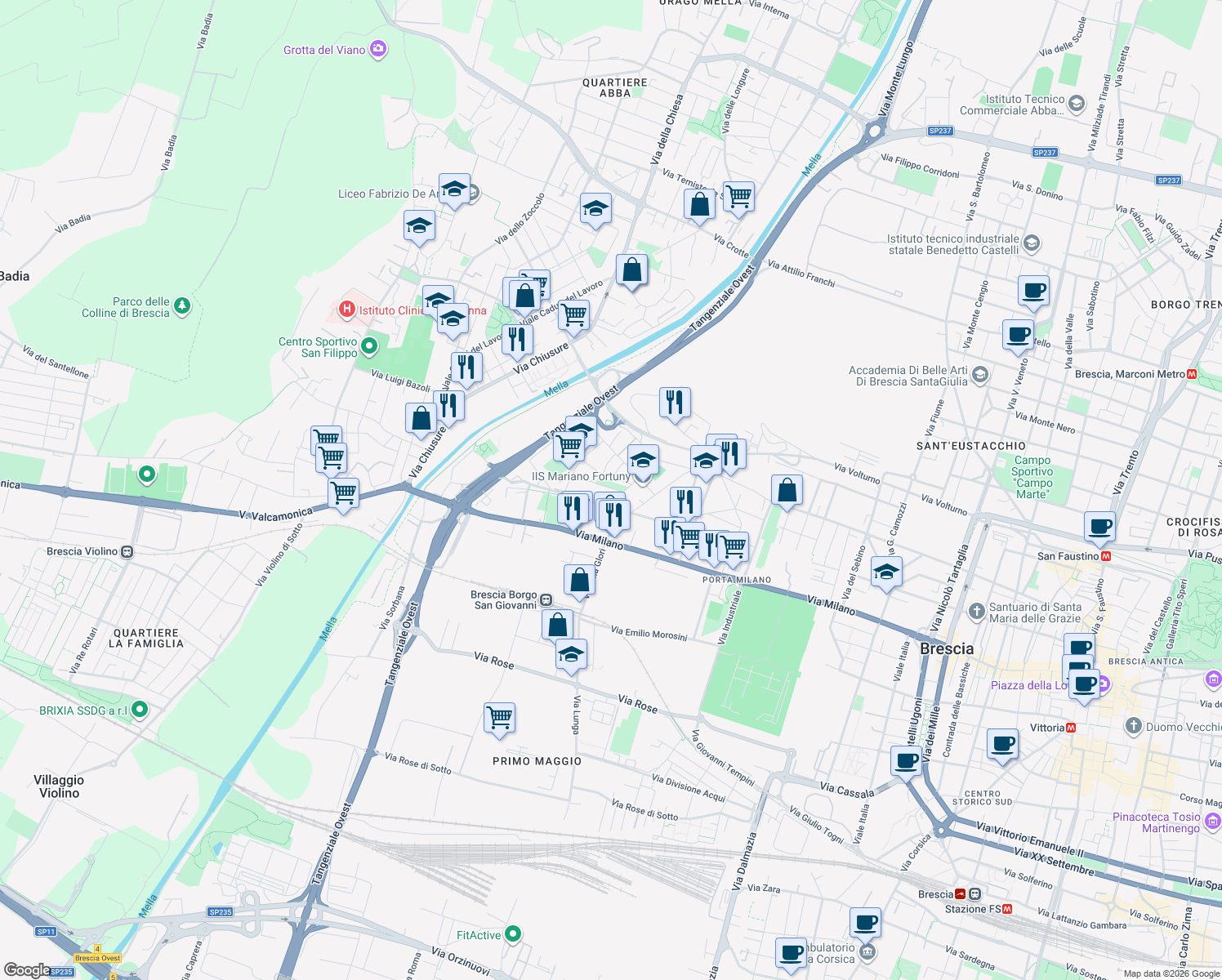 map of restaurants, bars, coffee shops, grocery stores, and more near 7 Via Guglielmo Franzinetti in Brescia