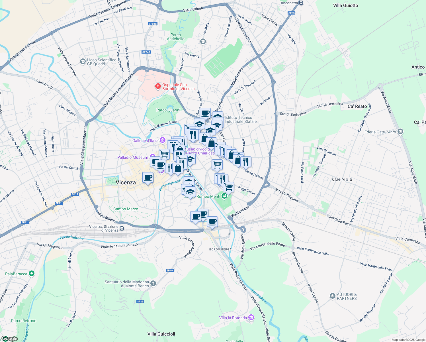 map of restaurants, bars, coffee shops, grocery stores, and more near 12 Borgo Casale in Vicenza