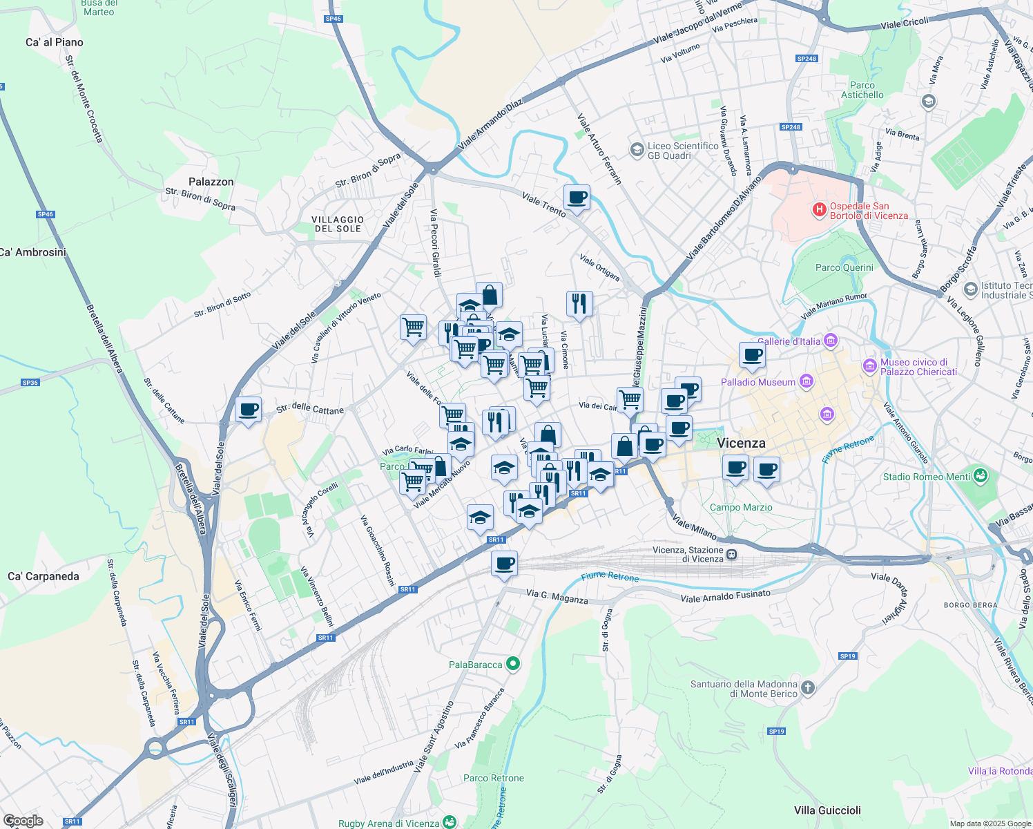 map of restaurants, bars, coffee shops, grocery stores, and more near 102 Via Legione Antonini in Vicenza