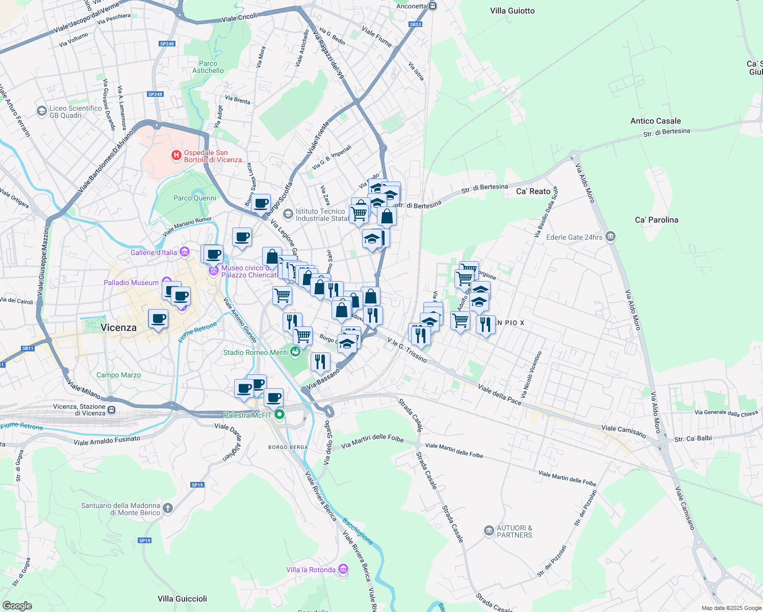 map of restaurants, bars, coffee shops, grocery stores, and more near 127 Via Giovanni Battista Quadri in Vicenza
