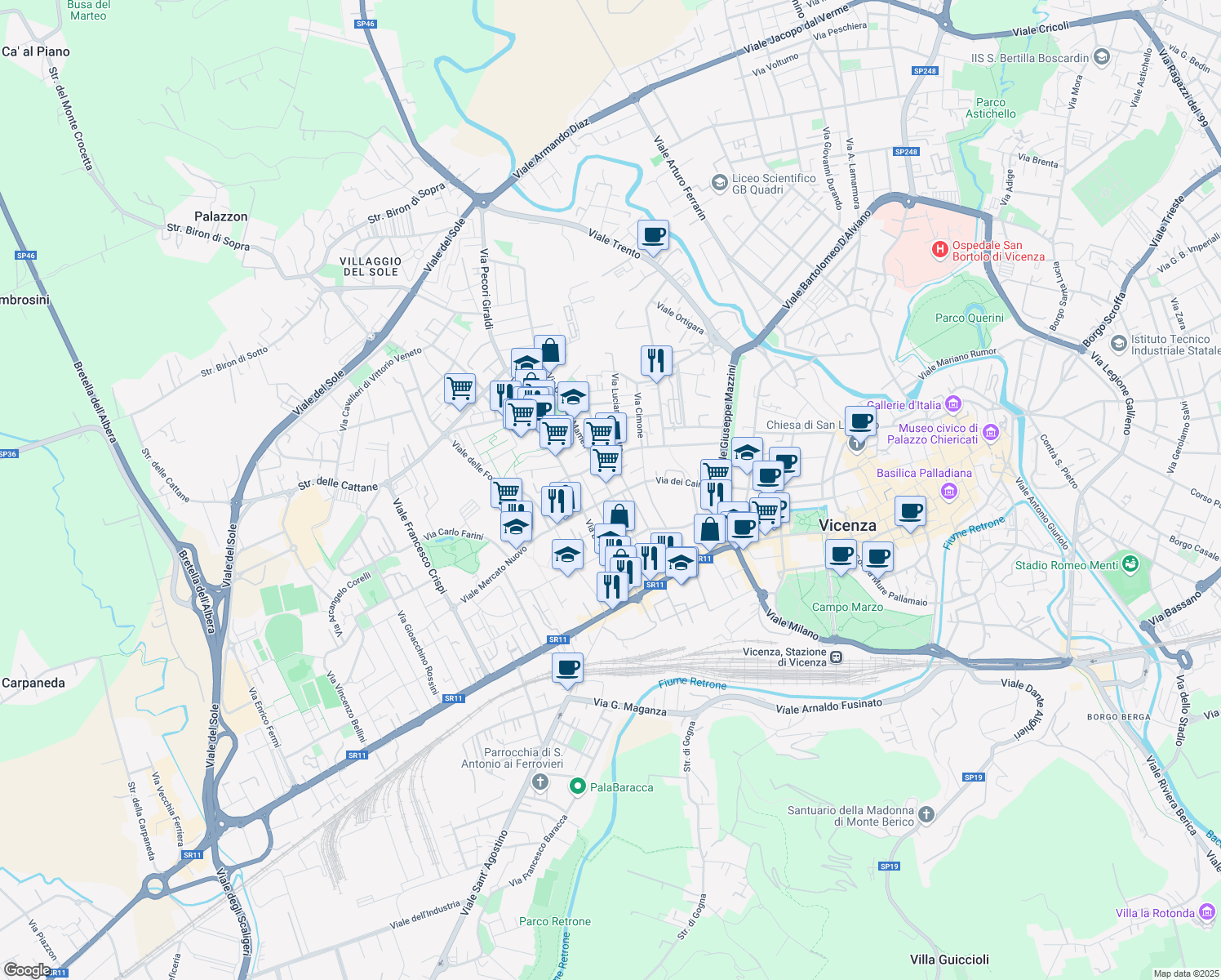map of restaurants, bars, coffee shops, grocery stores, and more near 56 Via Goffredo Mameli in Vicenza