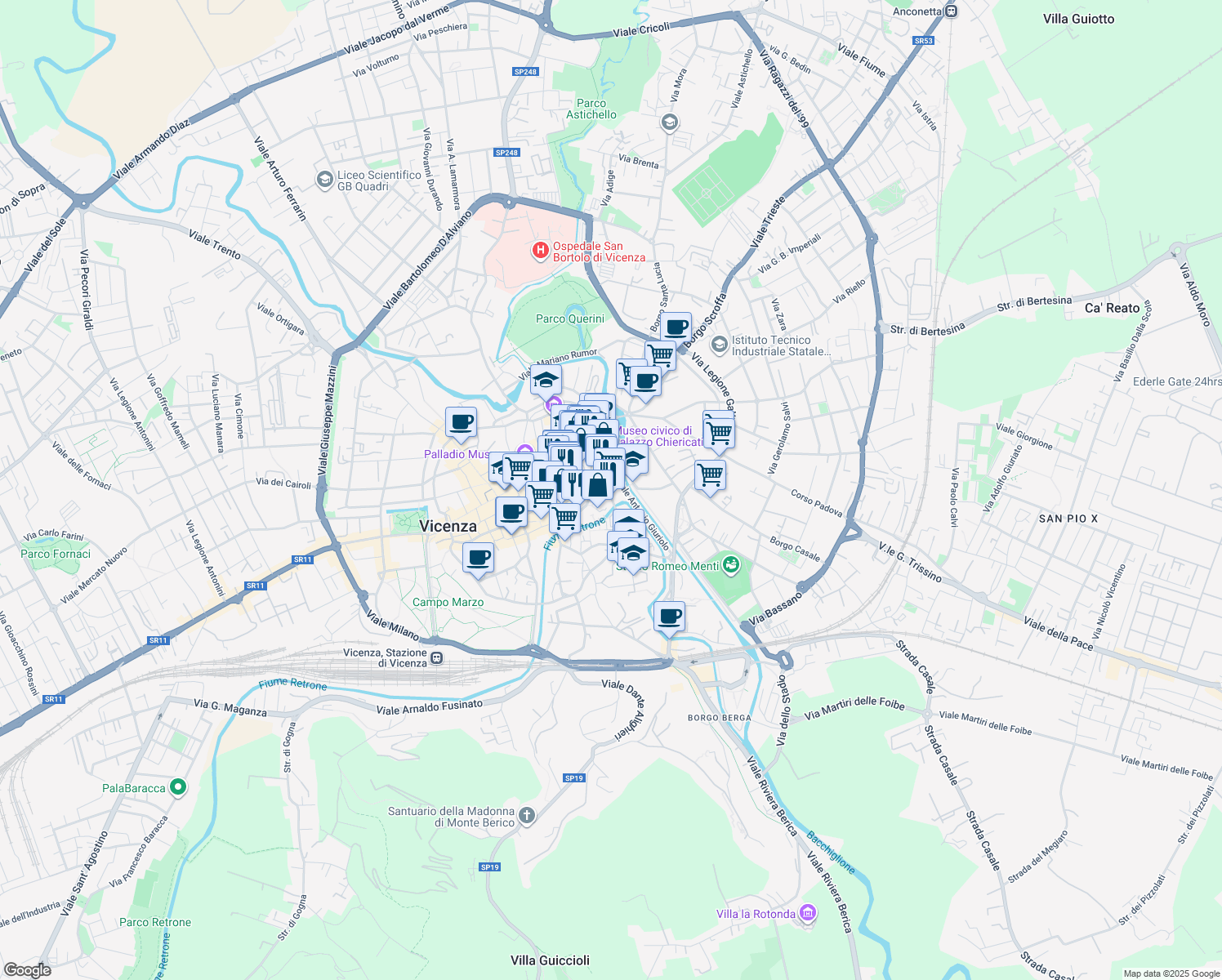 map of restaurants, bars, coffee shops, grocery stores, and more near 17 Viale Antonio Giuriolo in Vicenza