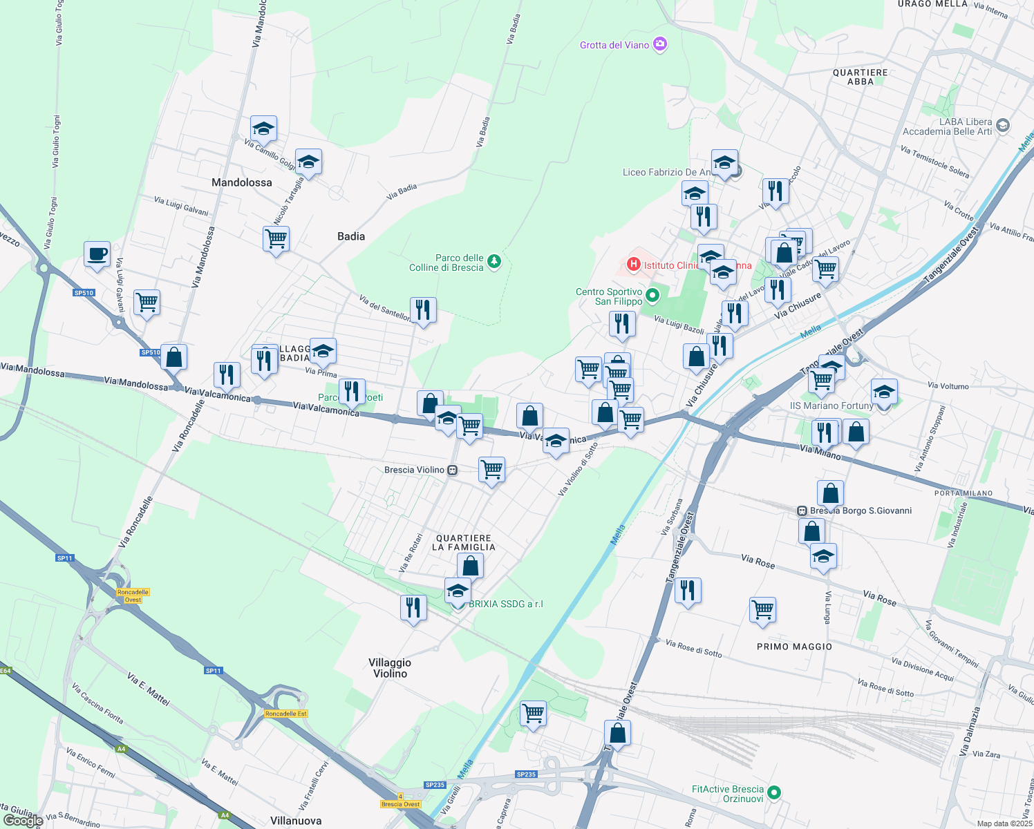 map of restaurants, bars, coffee shops, grocery stores, and more near 6 Via Fortunato Canevali in Brescia
