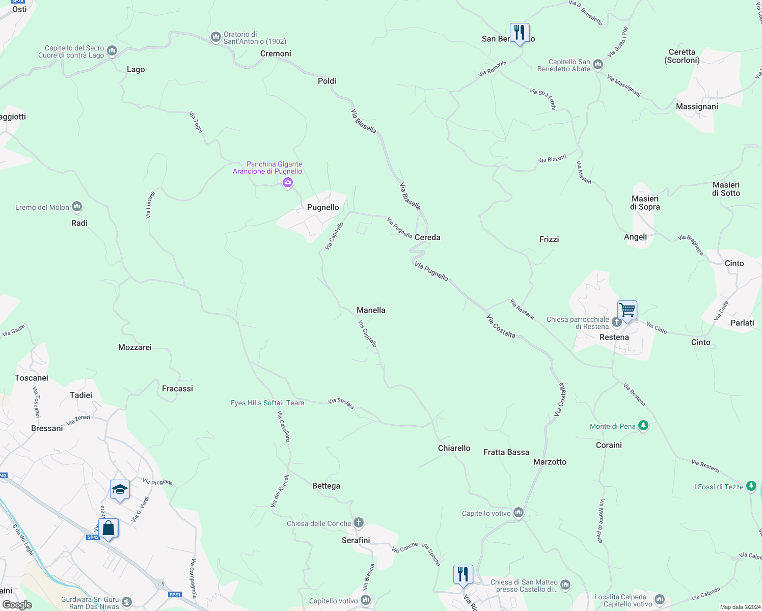 map of restaurants, bars, coffee shops, grocery stores, and more near 1 Via Capitello in Manella