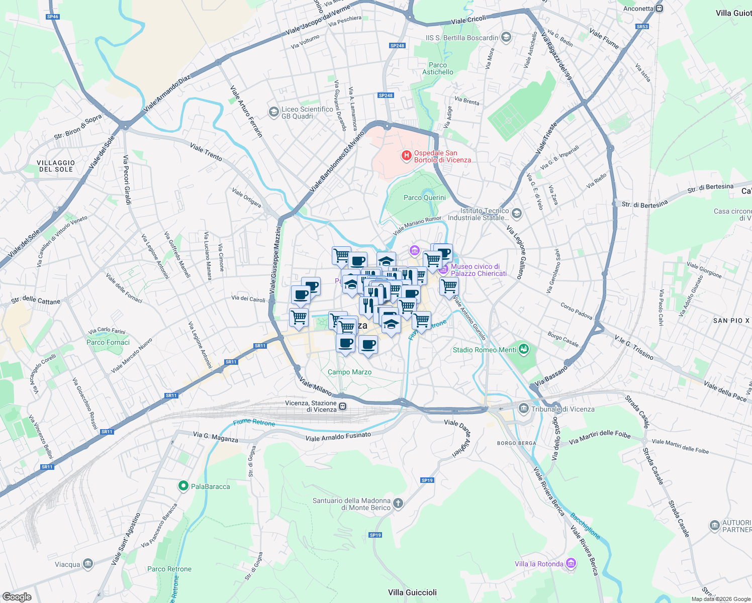 map of restaurants, bars, coffee shops, grocery stores, and more near 17 Galleria del Pozzo Rosso in Vicenza