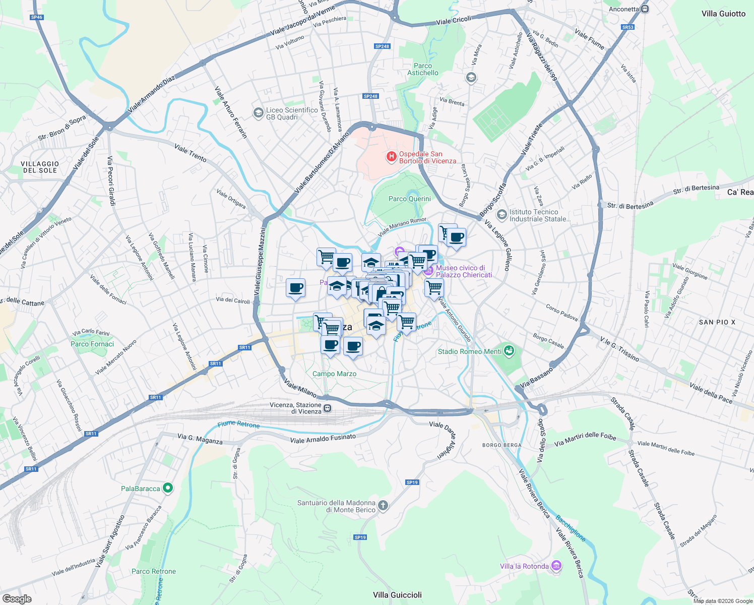 map of restaurants, bars, coffee shops, grocery stores, and more near 12 Contrà Camillo Benso Cavour in Vicenza