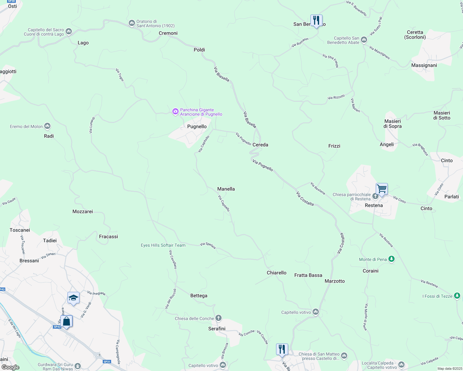 map of restaurants, bars, coffee shops, grocery stores, and more near 1 Via Capitello in Manella