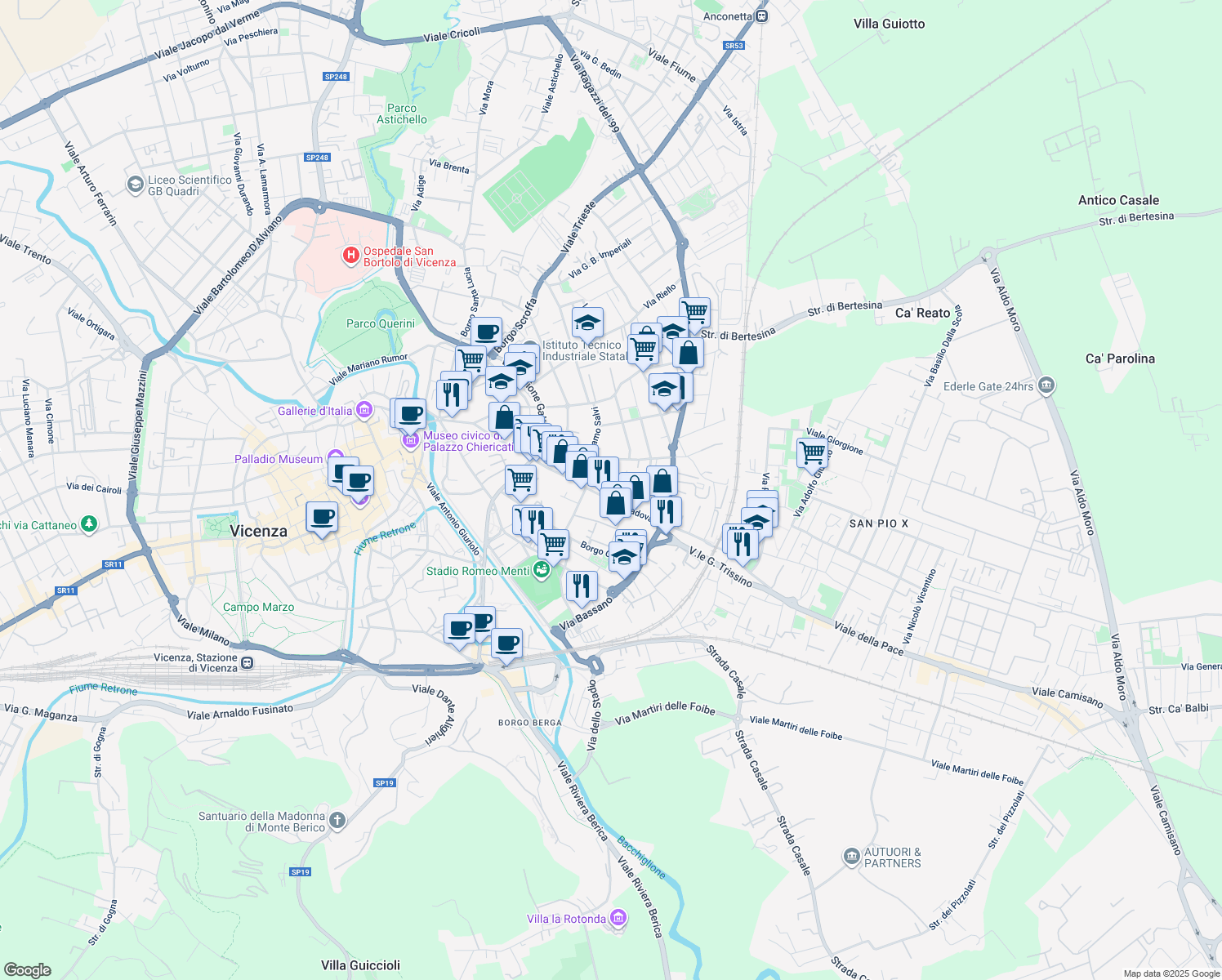 map of restaurants, bars, coffee shops, grocery stores, and more near 138-154 Corso Padova in Vicenza