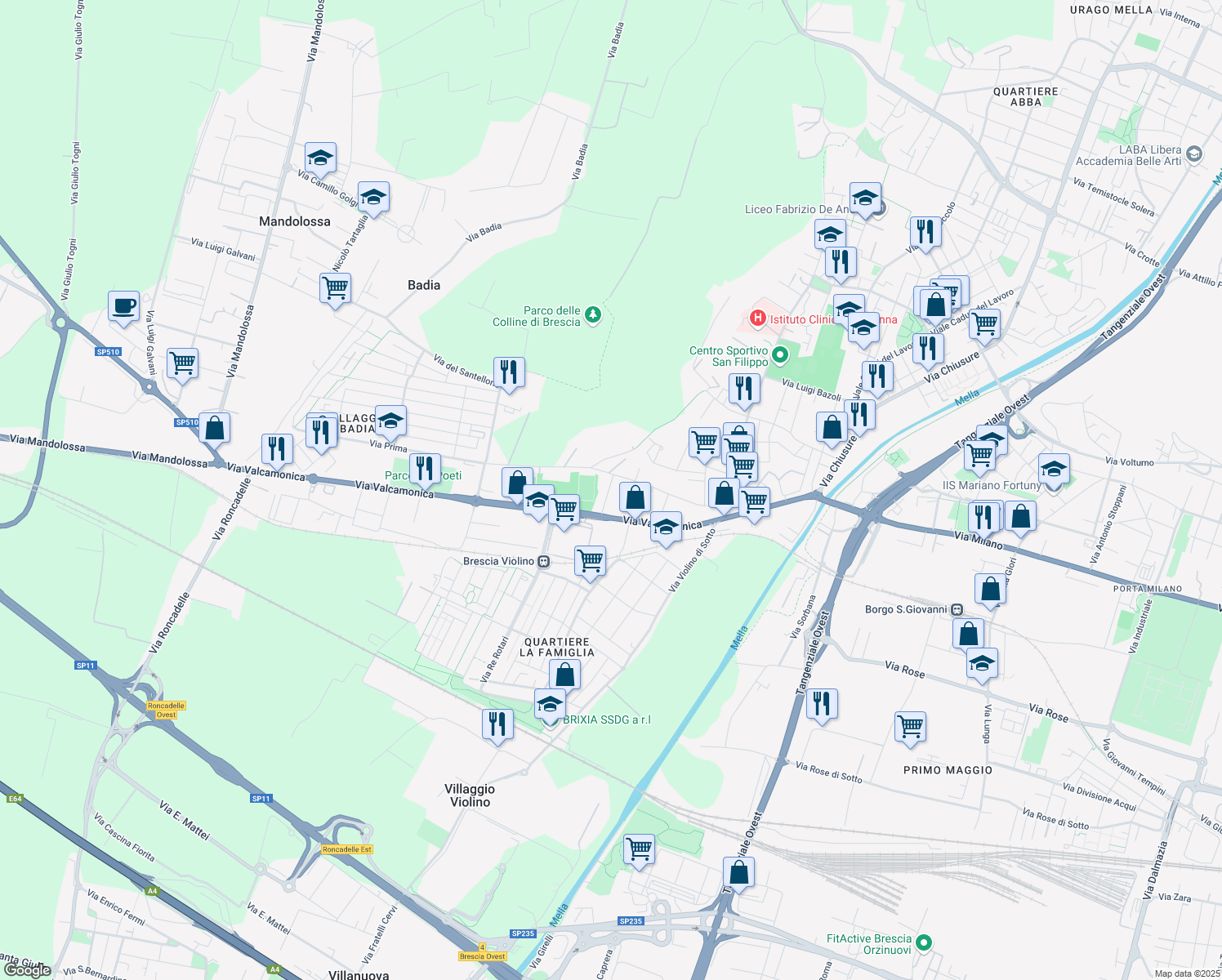 map of restaurants, bars, coffee shops, grocery stores, and more near 6 Via Fortunato Canevali in Brescia