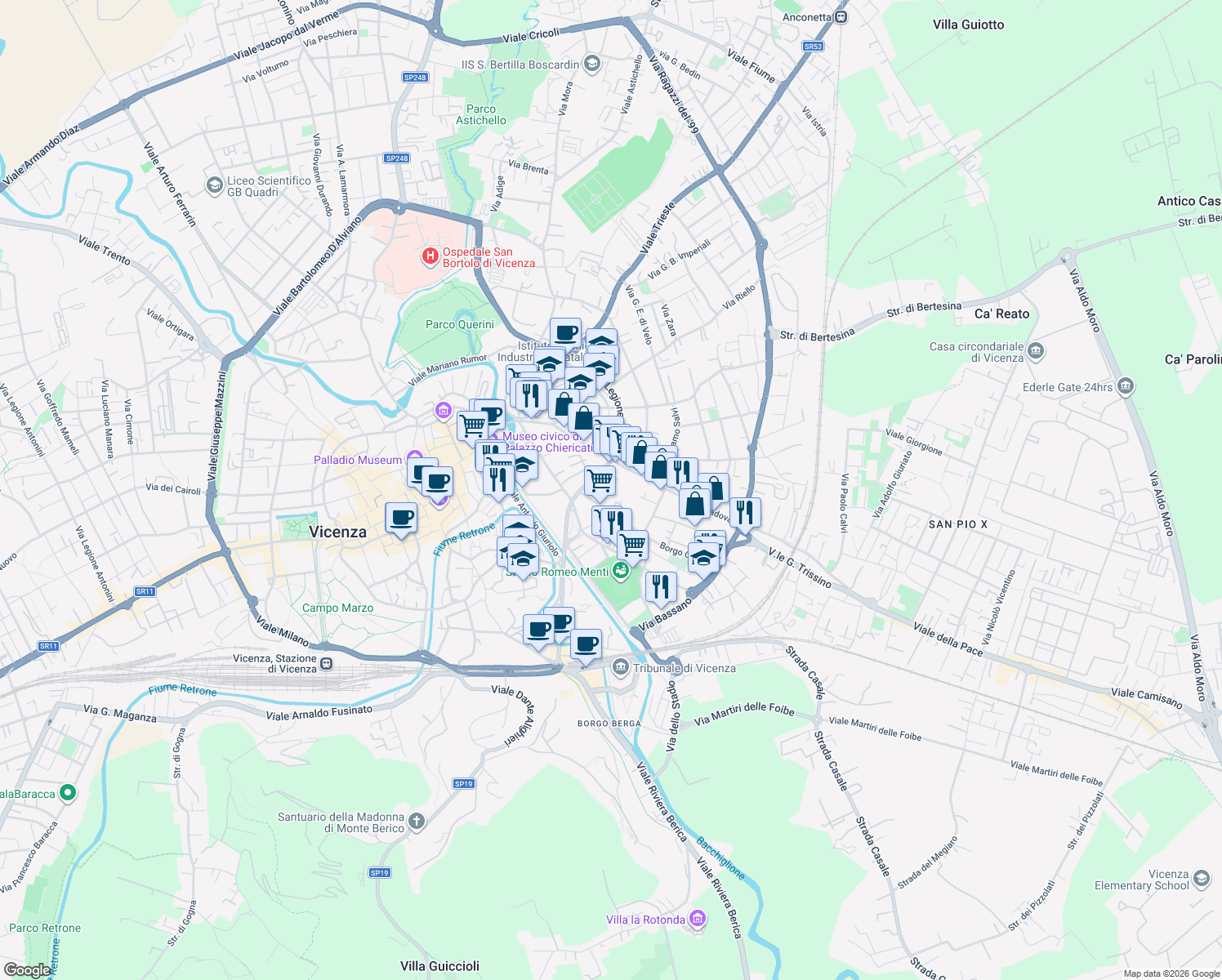 map of restaurants, bars, coffee shops, grocery stores, and more near 32 Via Fratelli Coronaro in Vicenza