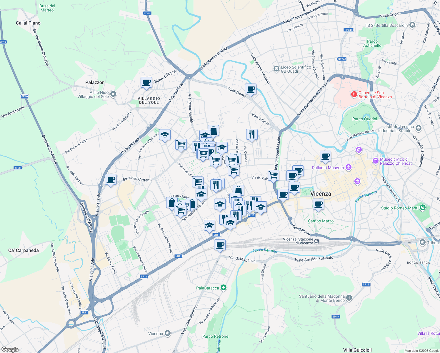 map of restaurants, bars, coffee shops, grocery stores, and more near 110 Via Legione Antonini in Vicenza