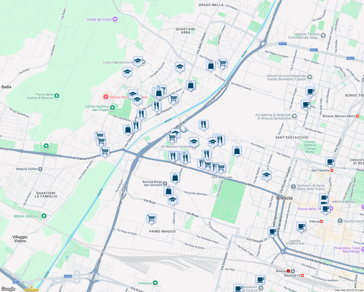 map of restaurants, bars, coffee shops, grocery stores, and more near 7 Via Franzinetti Guglielmo in Brescia
