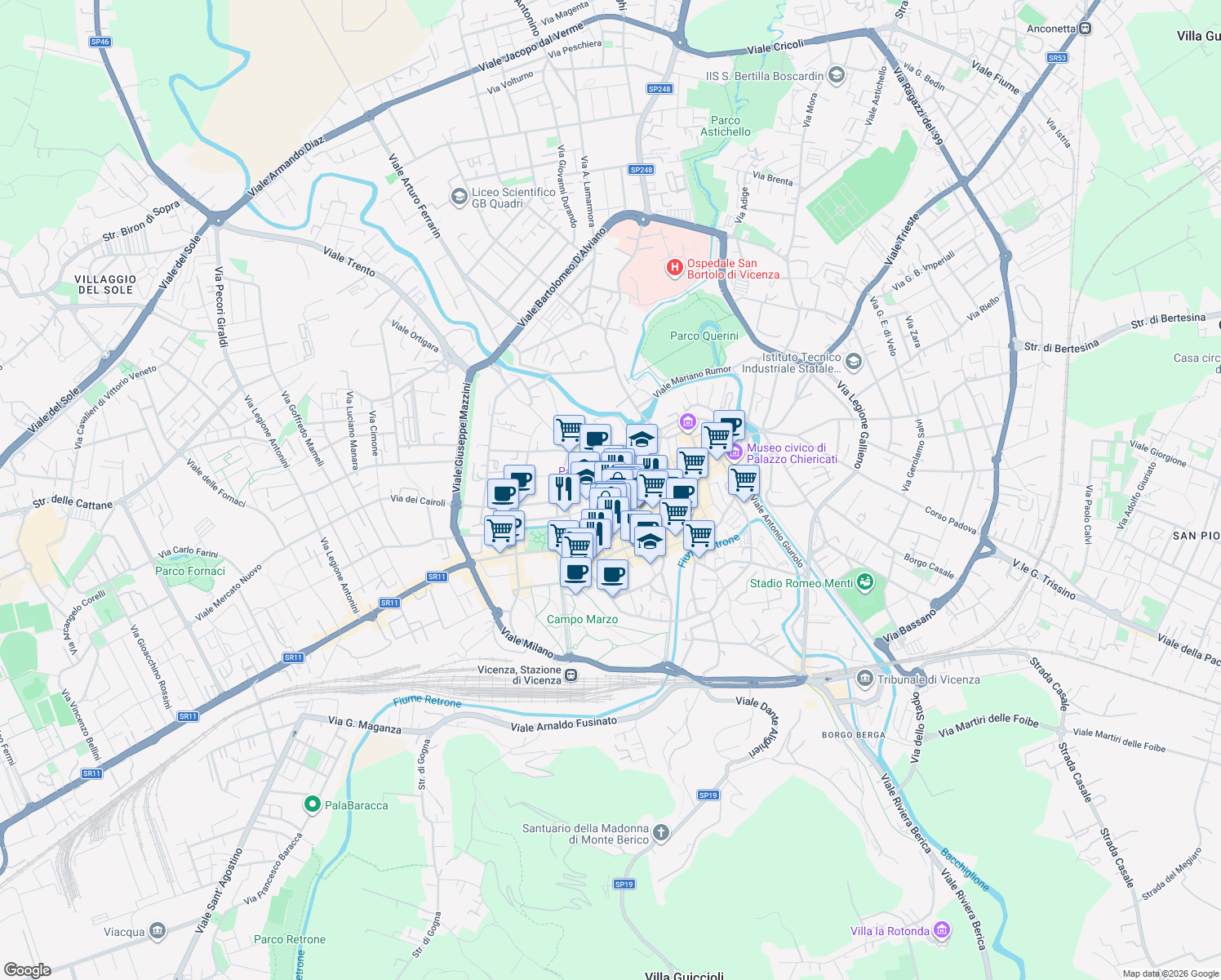 map of restaurants, bars, coffee shops, grocery stores, and more near 2 Stradella dei Filippini in Vicenza