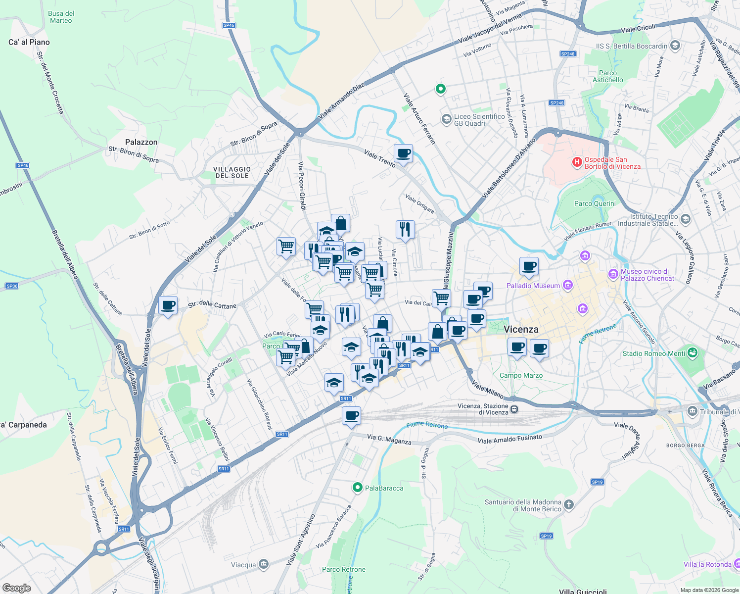 map of restaurants, bars, coffee shops, grocery stores, and more near 85 Via Goffredo Mameli in Vicenza