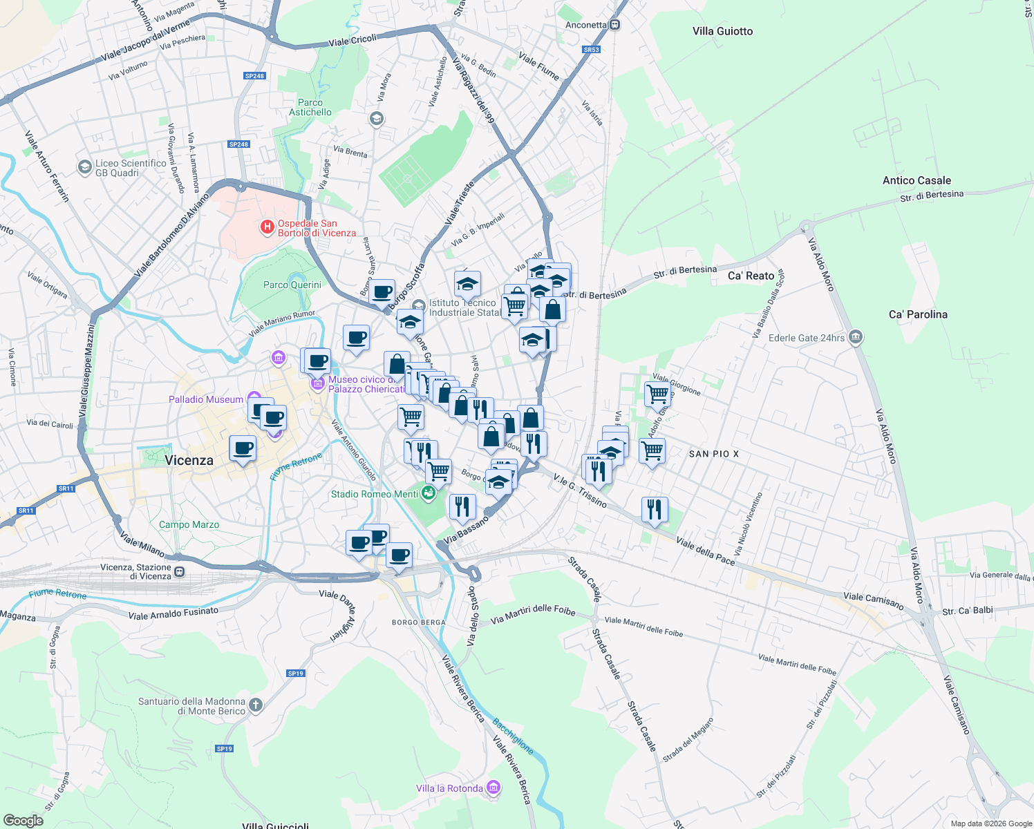 map of restaurants, bars, coffee shops, grocery stores, and more near 14 Via Fratelli Albanese in Vicenza