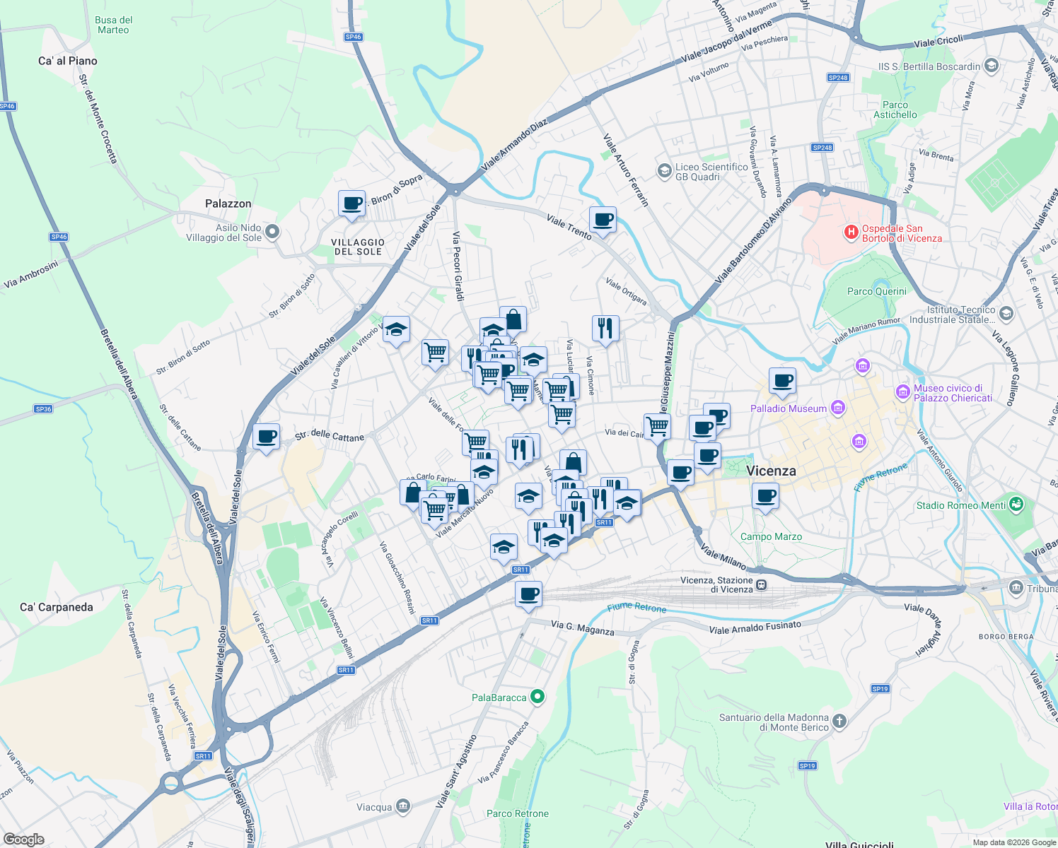 map of restaurants, bars, coffee shops, grocery stores, and more near 102-110 Via Legione Antonini in Vicenza