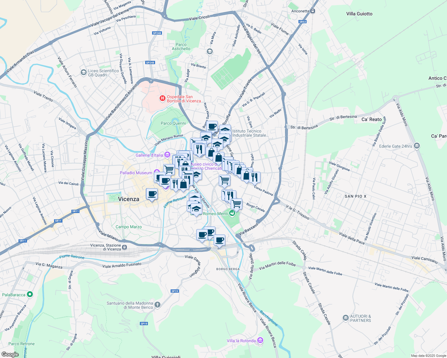 map of restaurants, bars, coffee shops, grocery stores, and more near 12 Borgo Casale in Vicenza