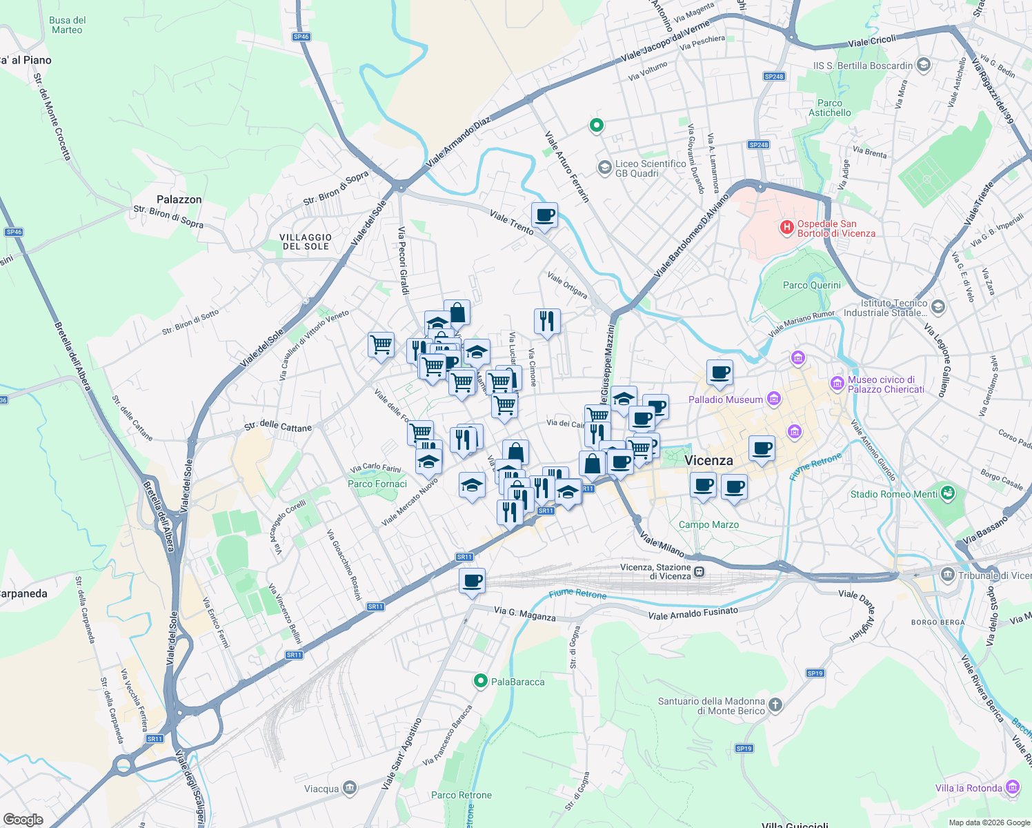 map of restaurants, bars, coffee shops, grocery stores, and more near 56 Via Goffredo Mameli in Vicenza