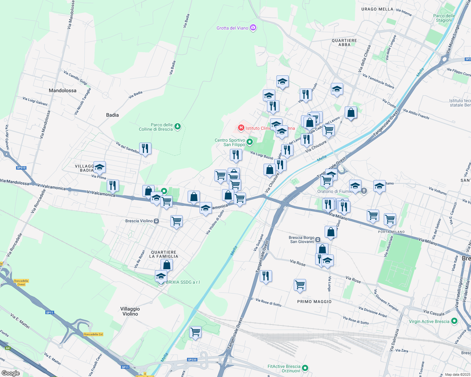 map of restaurants, bars, coffee shops, grocery stores, and more near 28 Via Albertano da Brescia in Brescia
