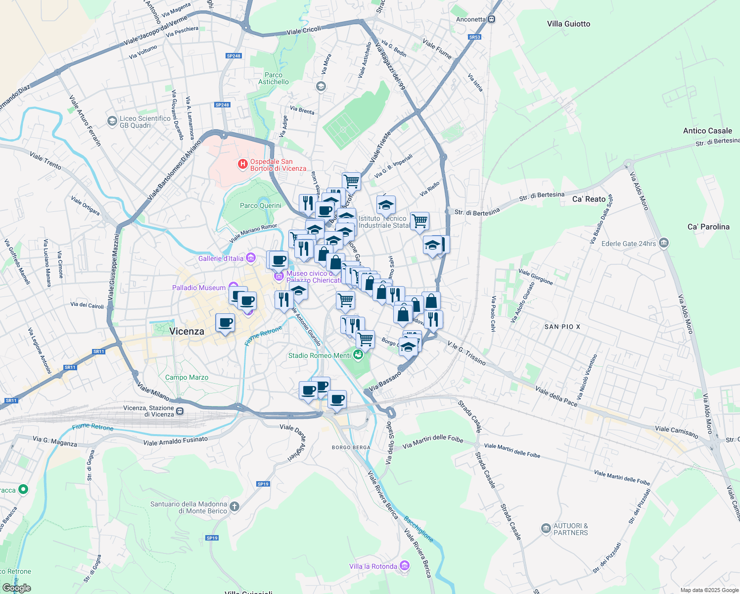 map of restaurants, bars, coffee shops, grocery stores, and more near 44 Corso Padova in Vicenza