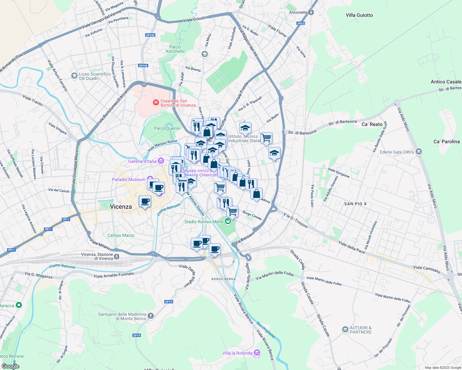 map of restaurants, bars, coffee shops, grocery stores, and more near 44 Corso Padova in Vicenza