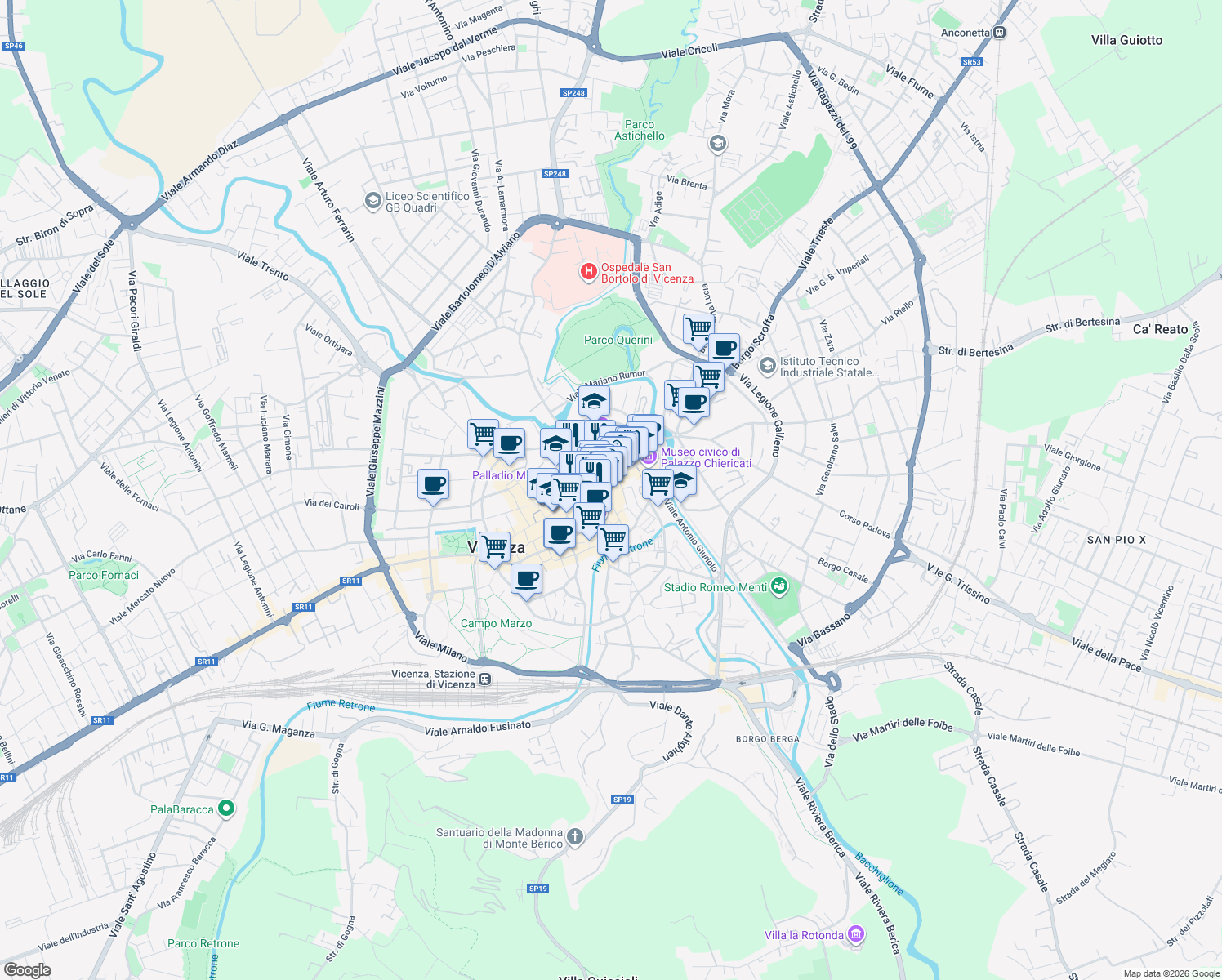 map of restaurants, bars, coffee shops, grocery stores, and more near 12 Stradella San Gaetano da Thiene in Vicenza