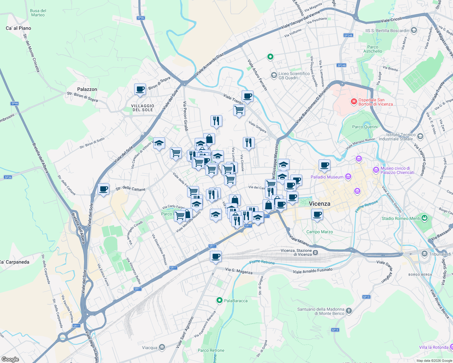 map of restaurants, bars, coffee shops, grocery stores, and more near 85 Via Goffredo Mameli in Vicenza