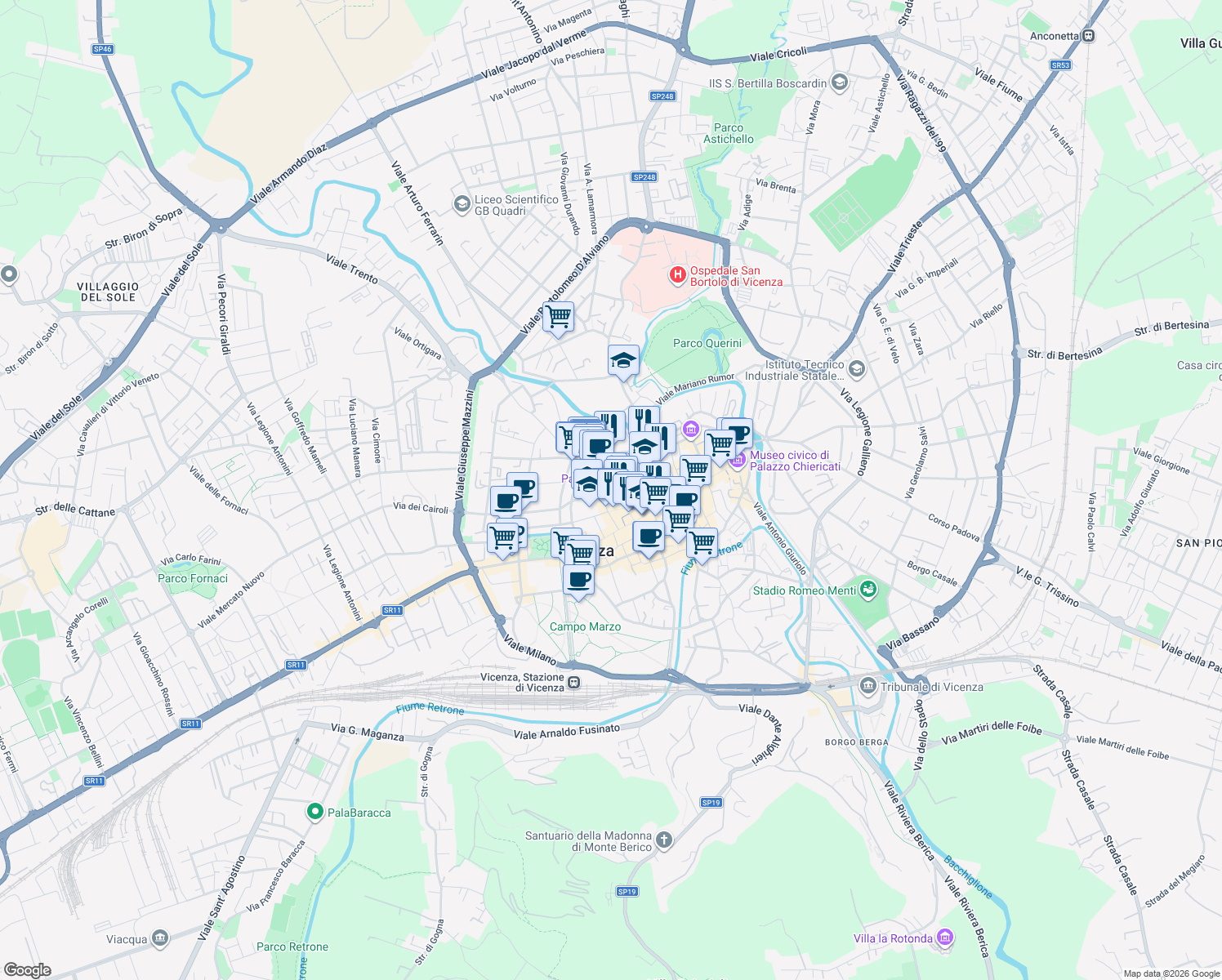 map of restaurants, bars, coffee shops, grocery stores, and more near 86 Corso Antonio Fogazzaro in Vicenza