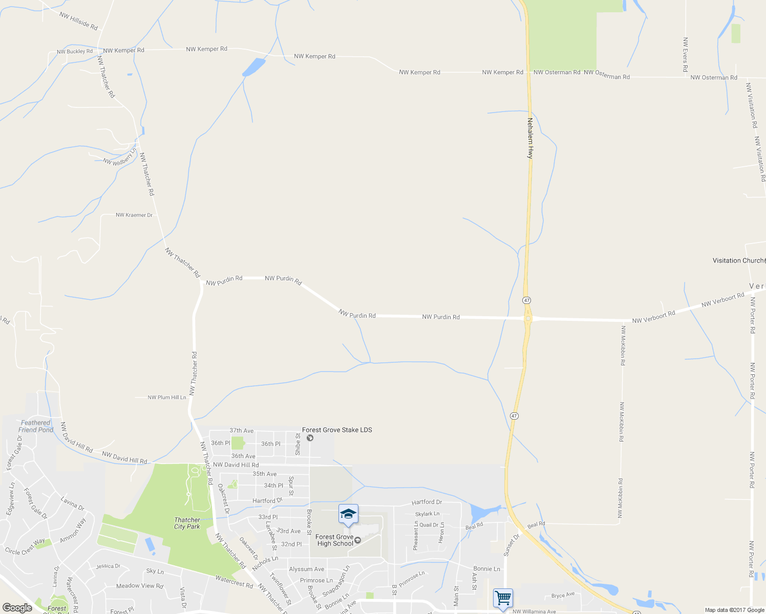 map of restaurants, bars, coffee shops, grocery stores, and more near 42835 Northwest Purdin Road in Forest Grove