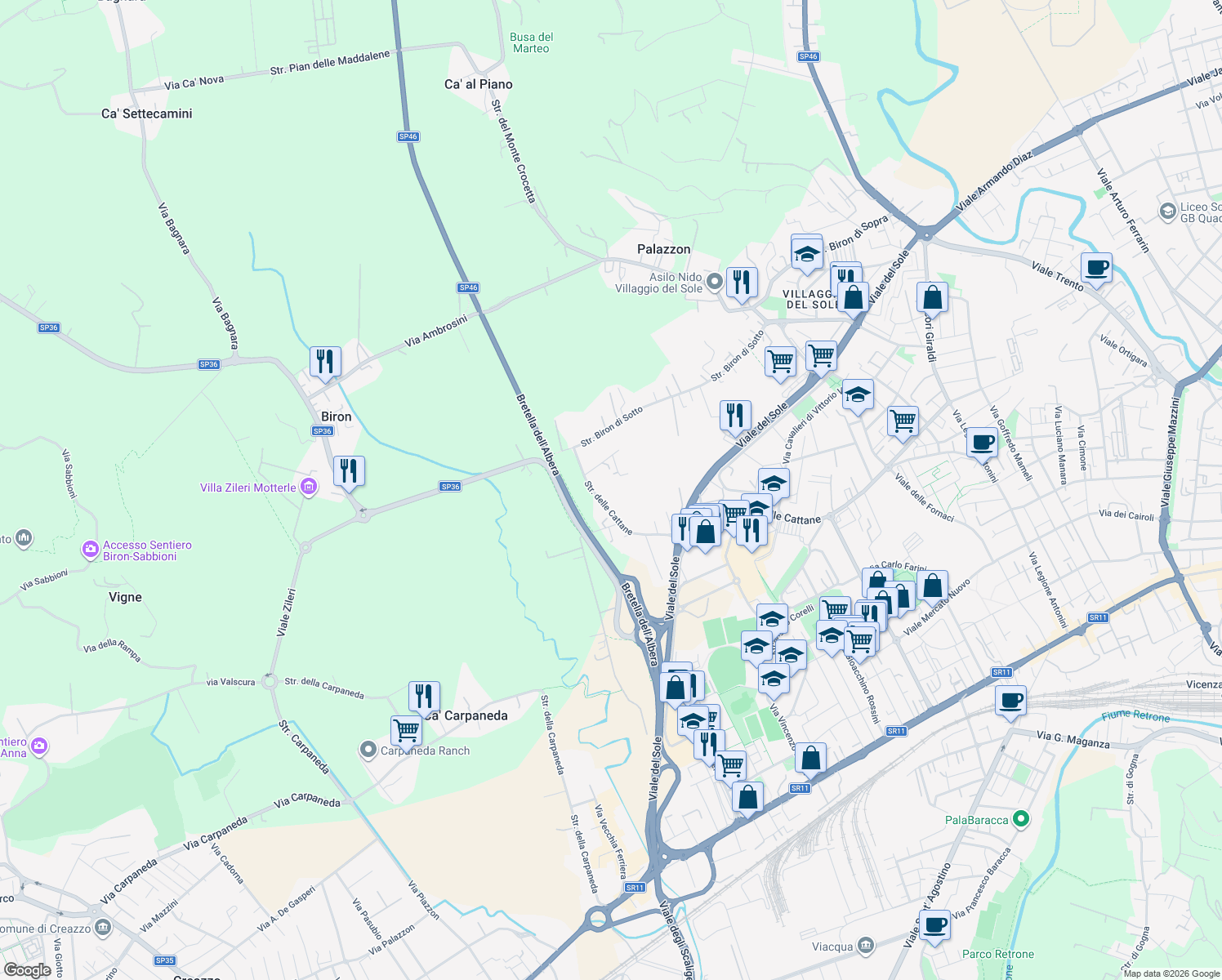 map of restaurants, bars, coffee shops, grocery stores, and more near 172 Strada delle Cattane in Vicenza