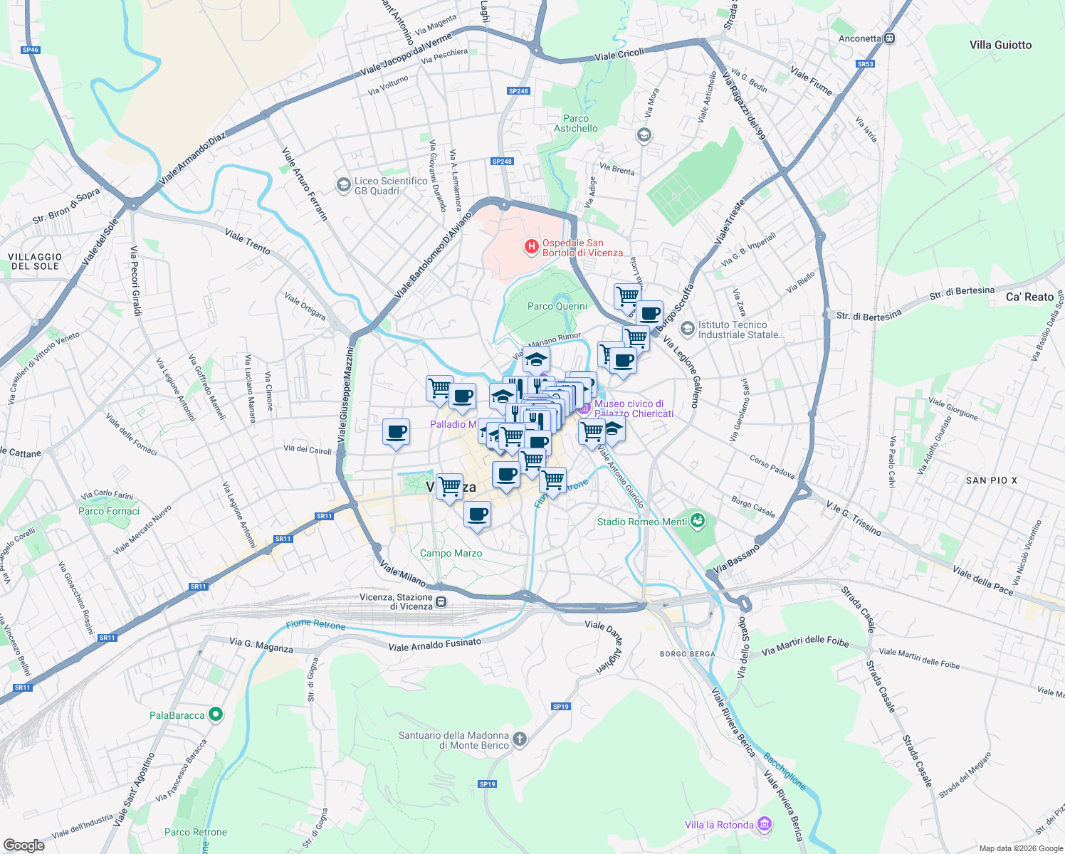 map of restaurants, bars, coffee shops, grocery stores, and more near Via San Gaetano in Thiene