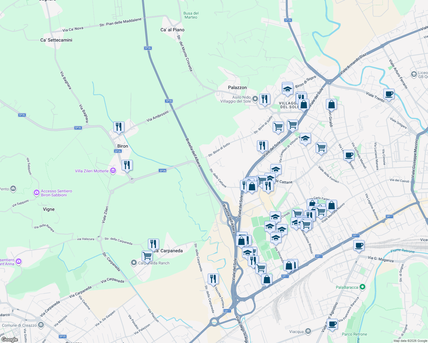 map of restaurants, bars, coffee shops, grocery stores, and more near 172 Strada delle Cattane in Vicenza