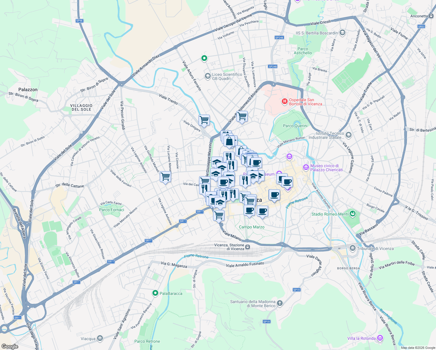 map of restaurants, bars, coffee shops, grocery stores, and more near 31 Contrà Mure San Rocco in Vicenza