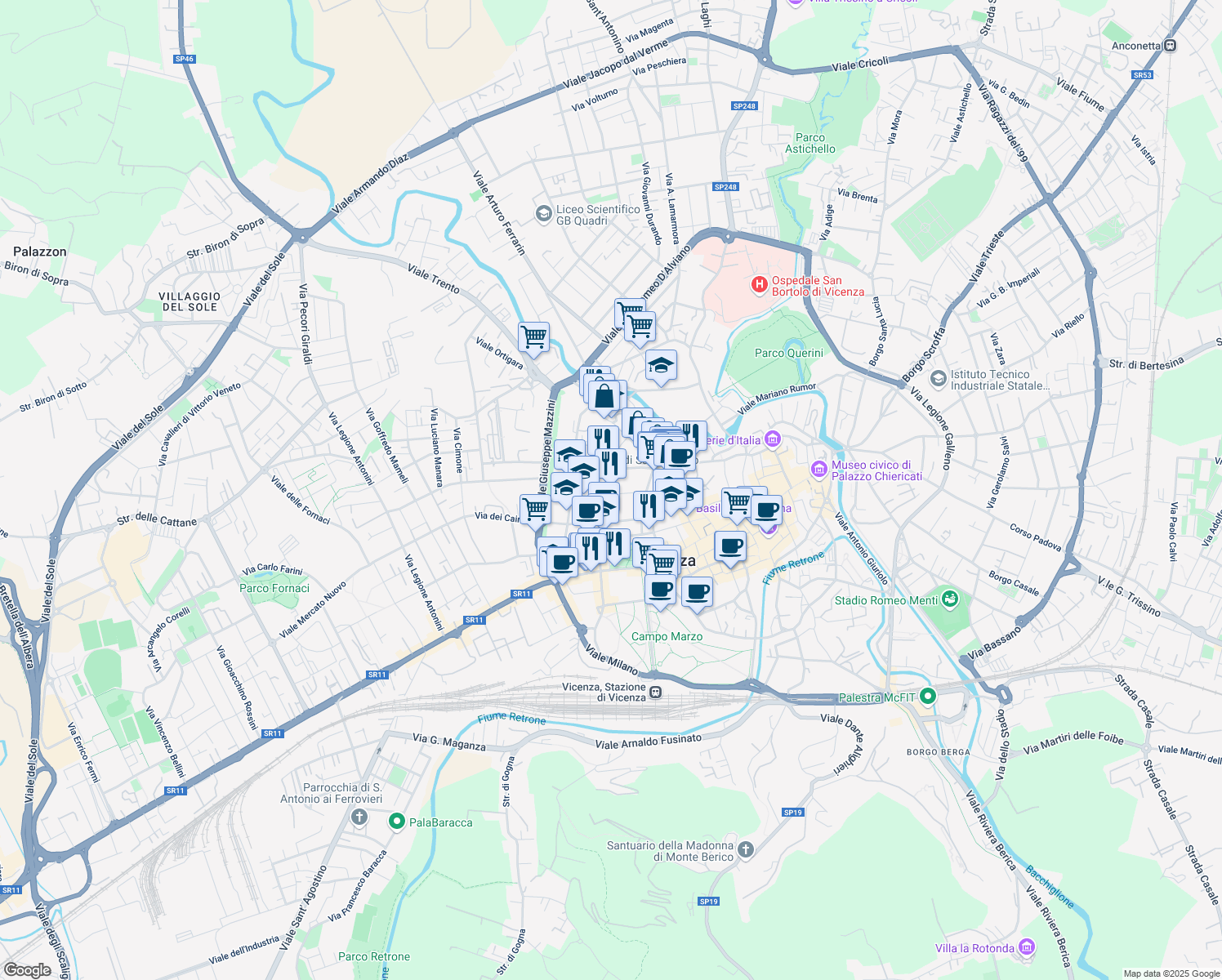 map of restaurants, bars, coffee shops, grocery stores, and more near 31 Contrà Sant'Ambrogio in Vicenza