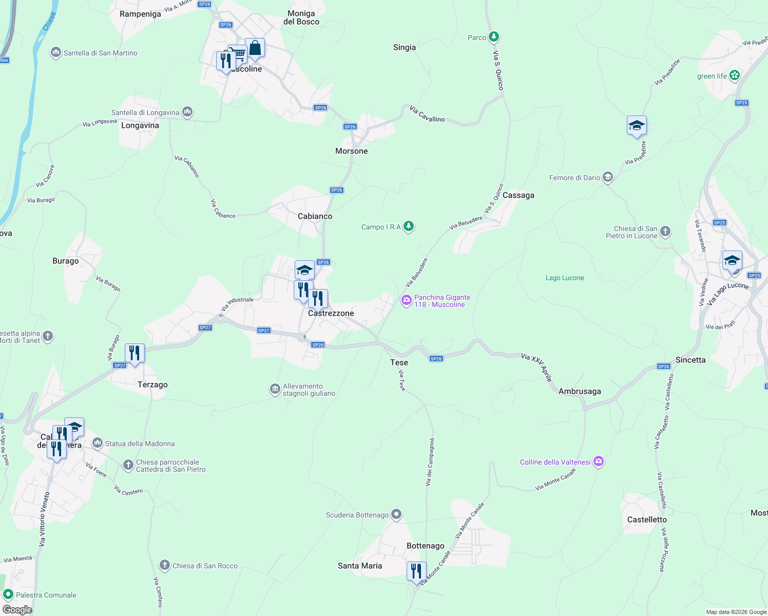 map of restaurants, bars, coffee shops, grocery stores, and more near 18 Via Valtenesi in Castrezzone