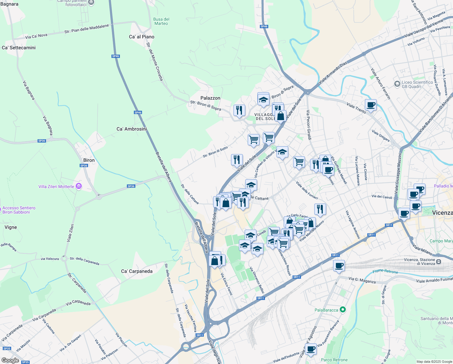 map of restaurants, bars, coffee shops, grocery stores, and more near 811 Viale del Sole in Vicenza