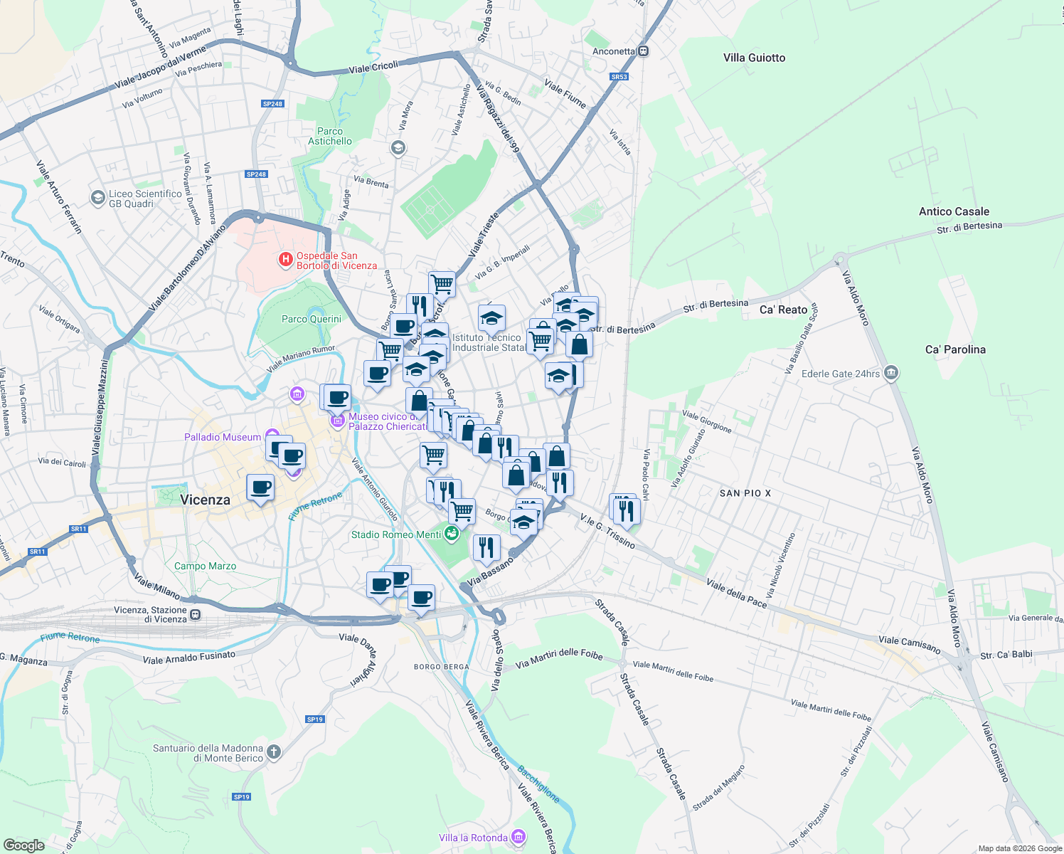 map of restaurants, bars, coffee shops, grocery stores, and more near 15 Via Giuseppe Capparozzo in Vicenza