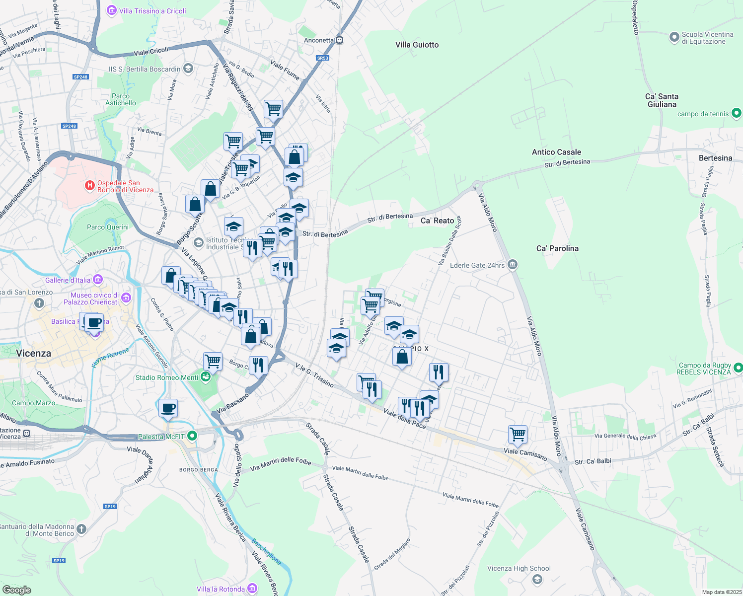 map of restaurants, bars, coffee shops, grocery stores, and more near 67 Via Adolfo Giuriato in Vicenza